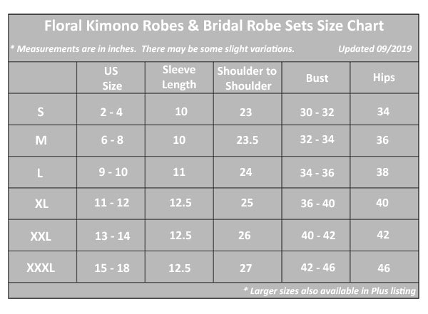 Medium Length Kimono Robes Size Guide, all SKUs