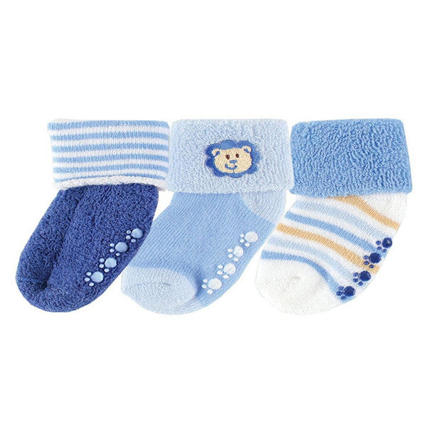 Luvable Friends 3 Pack Newborn Baby Socks, Stays On, Stretchable, Non Skid Soles - Gifts Are Blue - 1
