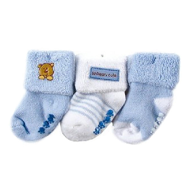 Luvable Friends 3 Pack Newborn Baby Socks, Stays On, Stretchable, Non Skid Soles - Gifts Are Blue - 3
