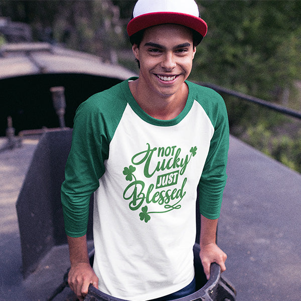 Gender Neutral Shirts with Clovers and Not Lucky Just Blessed Print for St Pattys Day Shirt.  These are made to order shirts where you can customized your color print.