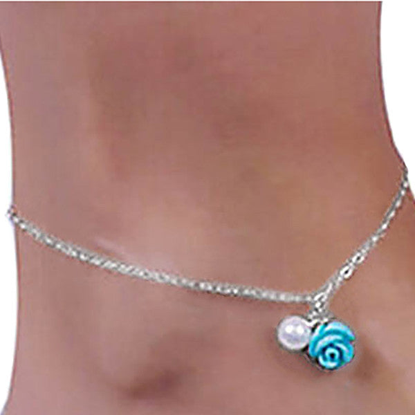 Ocean Blue Rose Anklet Jewelry with Pearl Drop - Gifts Are Blue - 2