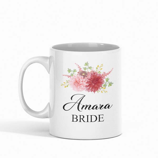 Close up view of bride mug with the name Amara on it.  all SKUs