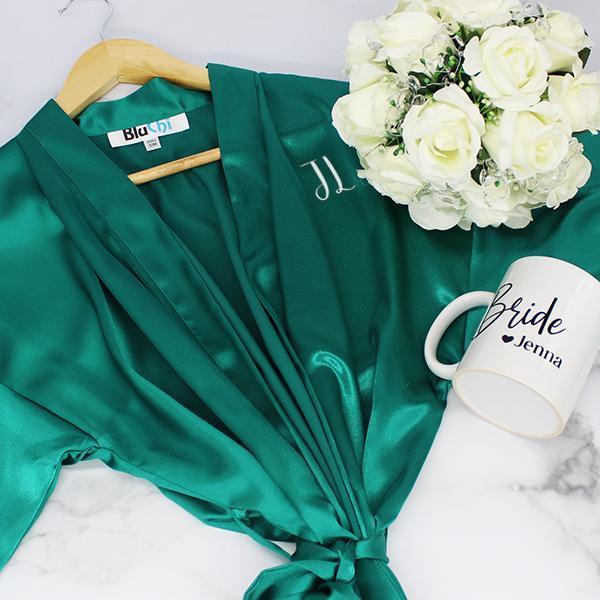 Bridesmaid Robe Set of 5, Personalized Robes - Solid Satin - Plus Sizes  - Emerald Green Robe with Monogram