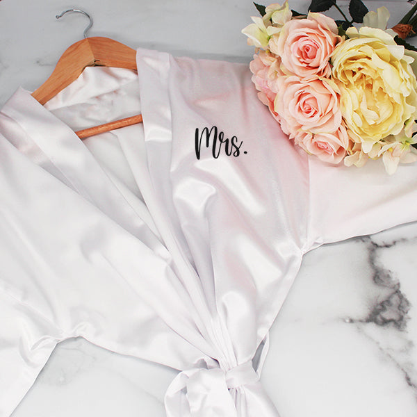 Bridesmaid Robe Set of 3 - Personalized Robes Solid Satin - White Bride Robe for Wedding - Mrs Monogram - Laid Flat