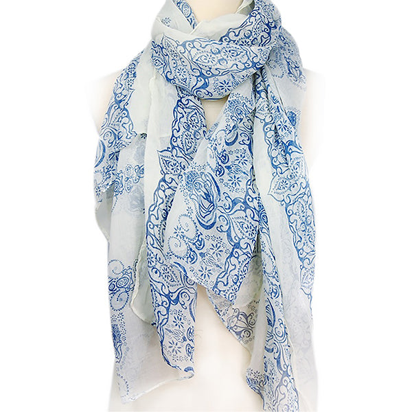 Porcelain Style Blue Womens Scarf, Ivory