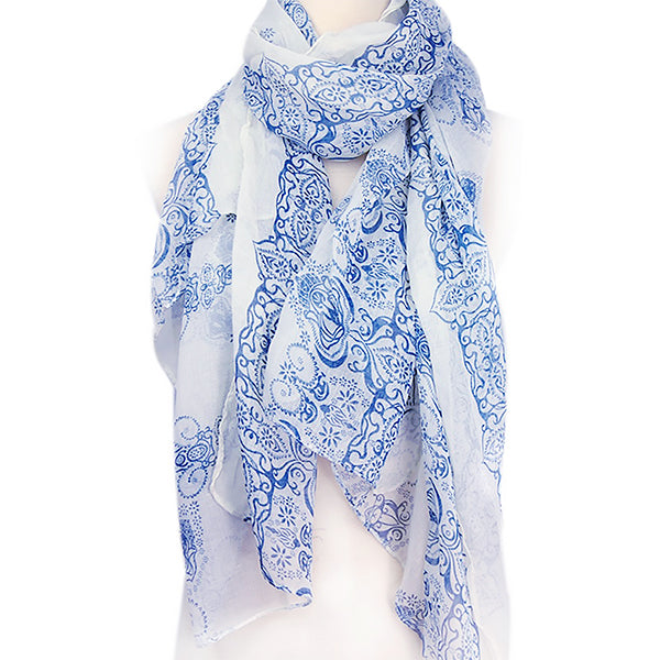 Porcelain Style Blue Womens Scarf, White
