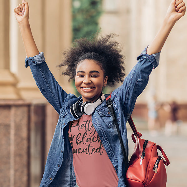 Our Pretty, Black and Educated Tshirt is a perfect Black Girl Magic Shirt.  Use as a Melanin Shirt, Black History Month shirt and more.  Available in a variety of sizes and colors.