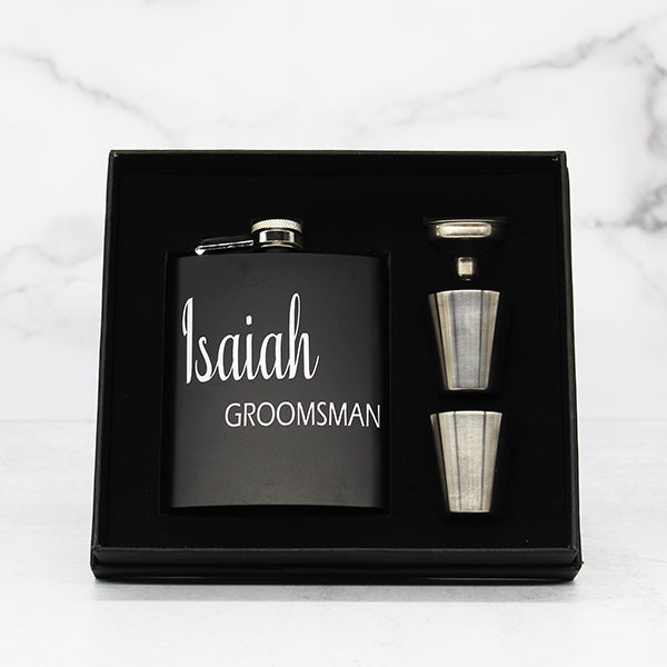 Personalized Matte Black Groomsmen Flask Set with Two Shot Glasses and Gift Box 7oz, Gifts for Groomsmen, Gifts for Bachelor Party - Style C Inside