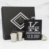 Personalized Matte Black Groomsmen Flask Set with Two Shot Glasses and Gift Box - 7oz