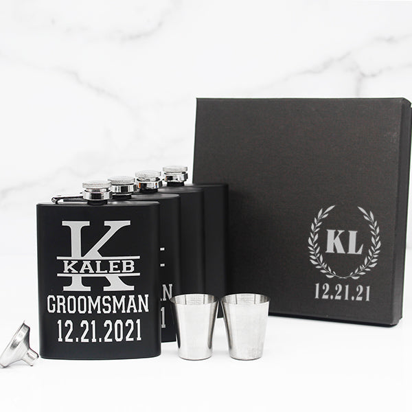Personalized Set of 4 Matte Black Groomsmen Flask Set with Two Shot Glasses and Gift Box - 7oz, Gifts for Groomsmen, Personalized Gifts for Groomsmen -Main