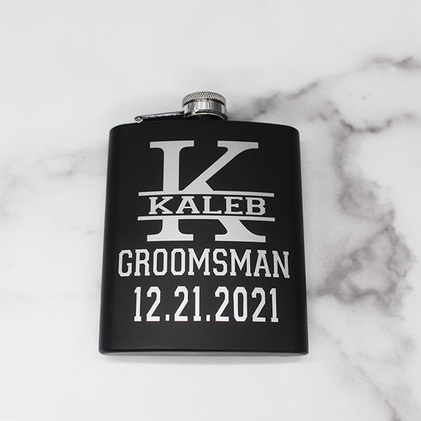 Personalized Set of 3 Matte Black Groomsmen Flask Set with Two Shot Glasses and Gift Box - 7oz - Gifts for Groomsmen - Alt View