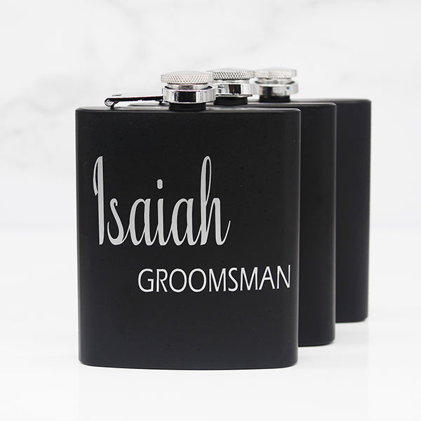 Personalized Set of 3 Matte Black Groomsmen Flask Set with Two Shot Glasses and Gift Box - 7oz - Gifts for Groomsmen - Close Up