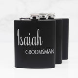 Personalized Set of 3 Matte Black Groomsmen Flask Set with Two Shot Glasses and Gift Box - 7oz - Gifts for Groomsmen - Close Up