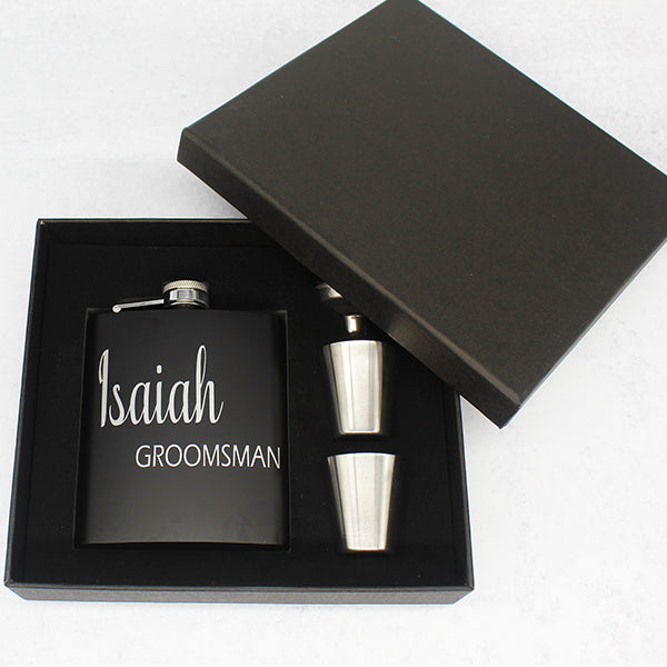 Personalized Set of 3 Matte Black Groomsmen Flask Set with Two Shot Glasses and Gift Box - 7oz - Gifts for Groomsmen - Flask in Box