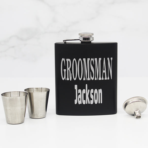 Personalized Set of 3 Matte Black Groomsmen Flask Set with Two Shot Glasses and Gift Box - 7oz - Gifts for Groomsmen - Flask Three