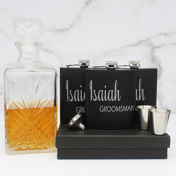 Personalized Set of 3 Matte Black Groomsmen Flask Set with Two Shot Glasses and Gift Box - 7oz - Gifts for Groomsmen - Main