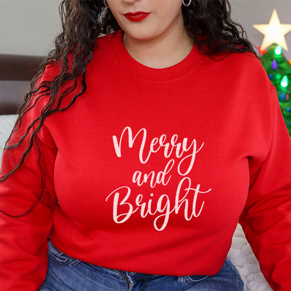 Merry and Bright Christmas Sweatshirt available in Womens and Womens Plus sizes.  all SKUs