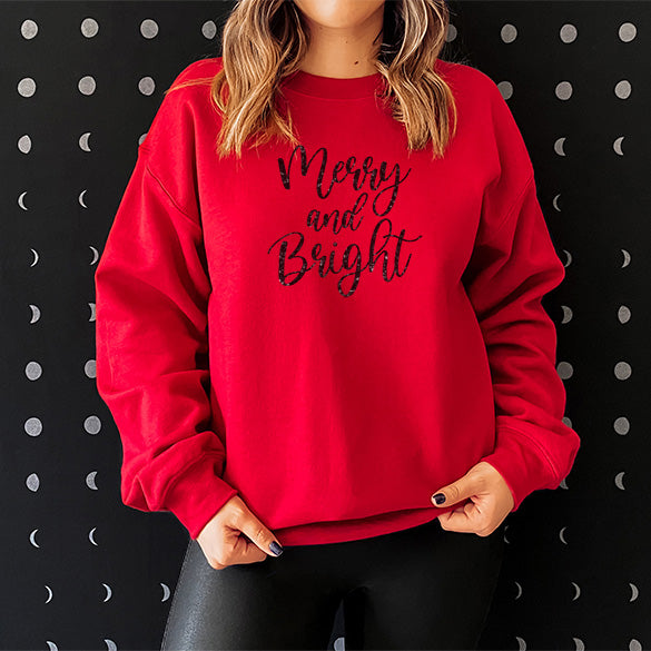 Red Merry and Bright Christmas Sweatshirt with black glitter writing.  Can be dressed up or down.  all SKUs