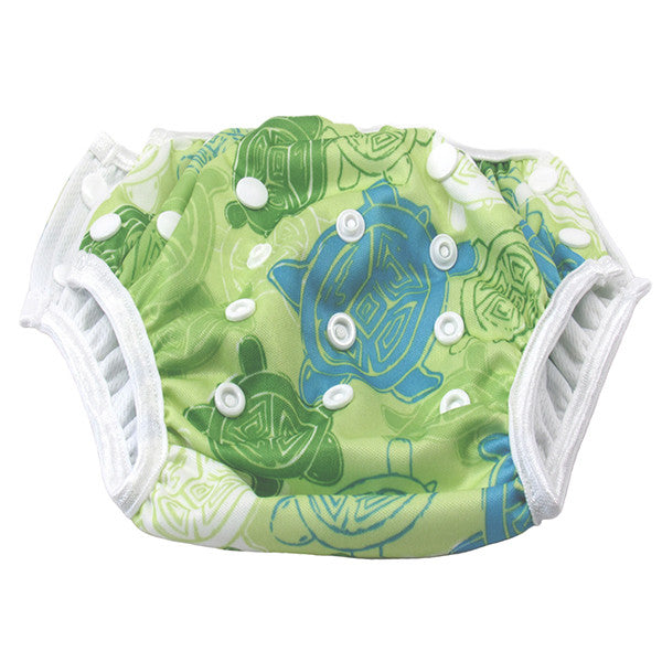 Flat lay position of a reusable swim diaper featuring turtle design. all SKUs