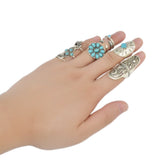 9 Piece Vintage Boho Rings Jewelry Set, Antique Silver & Turquoise, Adjustable