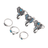 Women’s Boho Rings, Vintage Designs, Elephant Styles, 6 Pieces, Turquoise & Silver