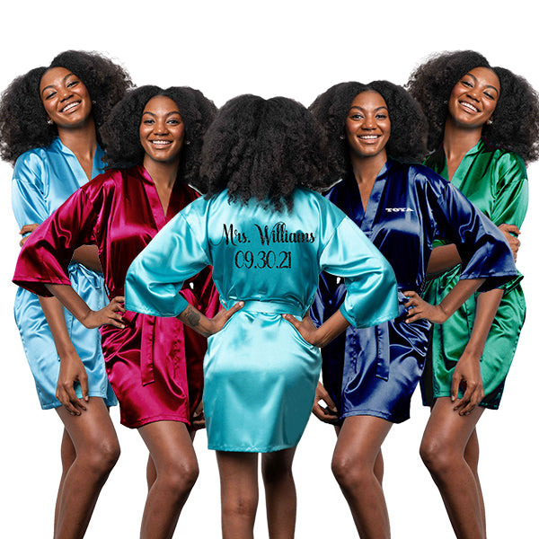 Bridesmaid Robe Set of 5, Personalized Robes - Solid Satin - Plus Sizes - Emeral Green, Wine, Blues