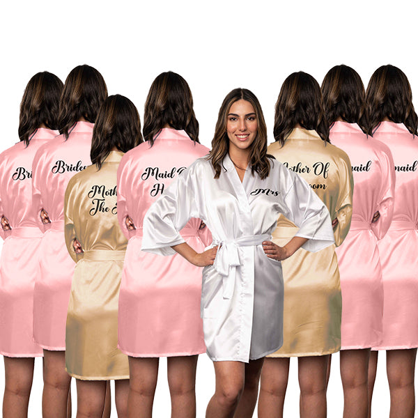 Bridesmaid Robe Set of 8, Personalized Robes, Custom Robes with Front & Back Text, Solid Satin