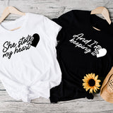 Get these matching couple hoodies with She Stole My Heart and I'm Keeping it print.  Choose from standard or glitter print in over 30 colors.  all SKUs