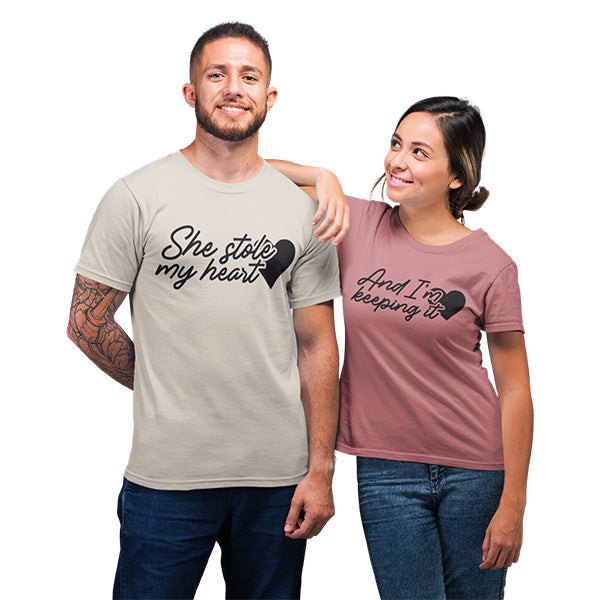 She stole my heart and I'm Keeping It couples tshirts that are available in over 7 styles and a wide arrary of colors and sizes. all SKUs