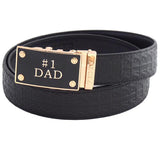 FEDEY Mens Ratchet Belt w No1 DAD Statement Buckle, Leather, Signature, Main, Black/Gold
