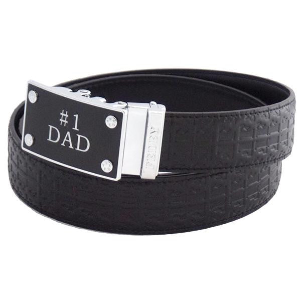 FEDEY Mens Ratchet Belt w No1 DAD Statement Buckle, Leather, Signature, Main, Black/Silver