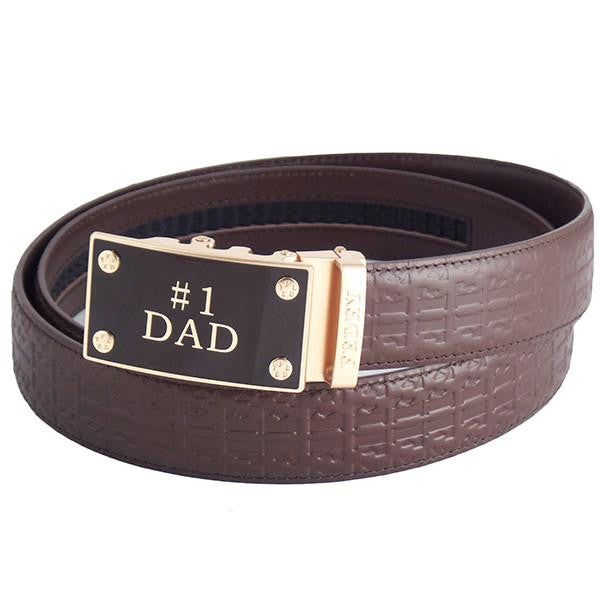 FEDEY Mens Ratchet Belt w No1 DAD Statement Buckle, Leather, Signature, Main, Brown/Gold