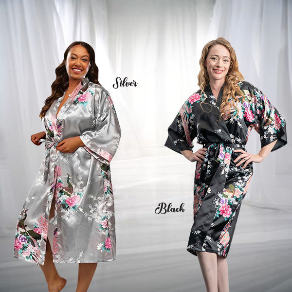 Satin Floral Silver Robe with Black Robe for Bridesmaid, Maid of Honor, Matron of Honor & Bride