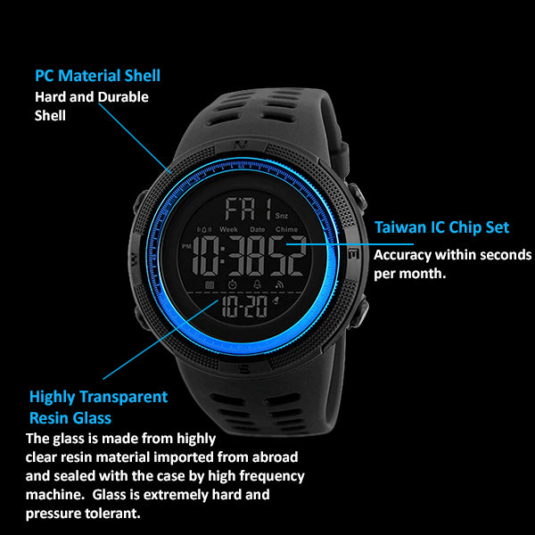 SKMEI Mens Digital Multifunctional Sports Watch, 50M Water Resistant, Details, Blue/Black