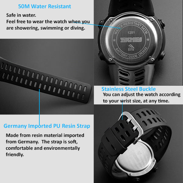 SKMEI Mens Digital Multifunctional Sports Watch, 50M Water Resistant, Backview, Blue/Black