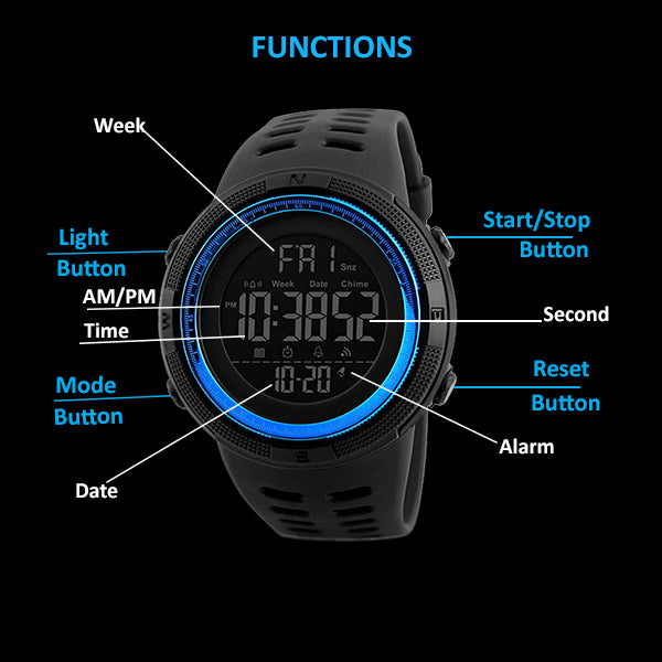 SKMEI Mens Digital Multifunctional Sports Watch, 50M Water Resistant, Multi Functions, Blue/Black