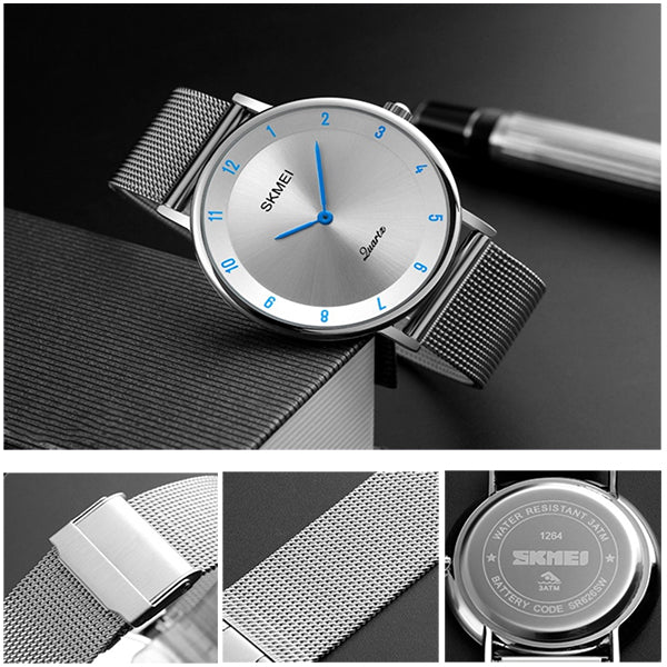 SKMEI Mens Watch, Ultra Thin Design, Stainless Steel, Mesh Strap, Details, Blue/Silver