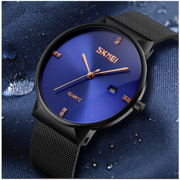 SKMEI Mens Ultra Thin Luxury Stainless Steel Watch, 30M Water Resistant, Blue/Black