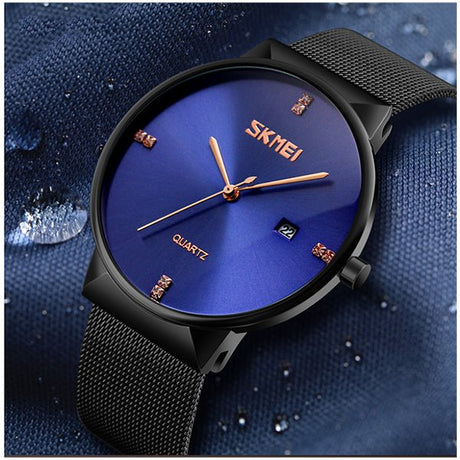 SKMEI Mens Ultra Thin Luxury Stainless Steel Watch, 30M Water Resistant, Blue/Black