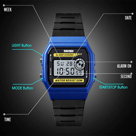 SKMEI Unisex LED Digital Sport Silicone Watch, 50M Water Resistant, Functions, Blue