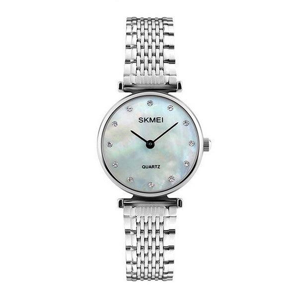 SKMEI Womens Elegant Fashion Watch w Rhinestones, 30M Waterproof, Main, Silver/Shell