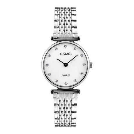 SKMEI Womens Elegant Fashion Watch w Rhinestones, 30M Waterproof, Main, Silver/White