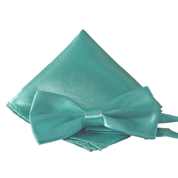 Mens Smooth Satin Feel Formal Pre-Tied Bow Tie and Pocket Square - Gifts Are Blue - 3