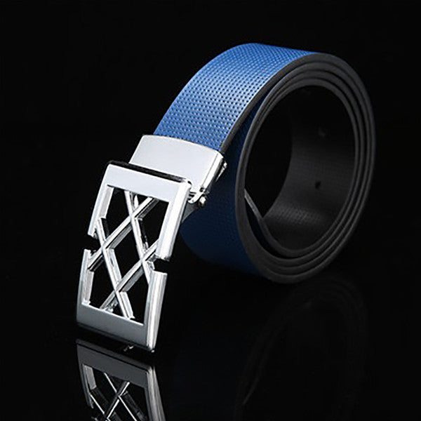 Mens Solid Blue Designer Genuine Leather Belt with Removable Buckle - Gifts Are Blue - 4