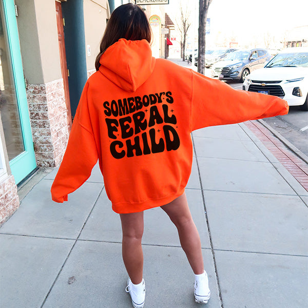 Halloween sweatshirt for men and women .  This design showcases a skeleton hand with Feral Child text and Somebody's Fetal Child on back. all SKUs