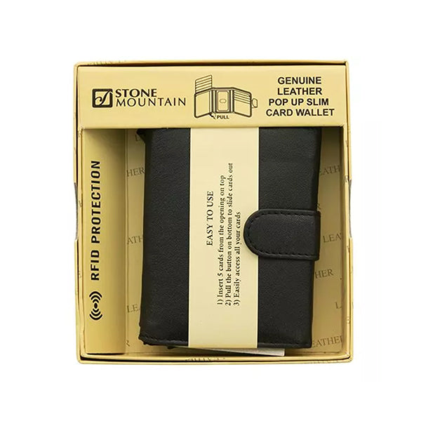 Stone Mountain Genuine Leather Pop Up Slim RFID Wallet, Black - Packaging