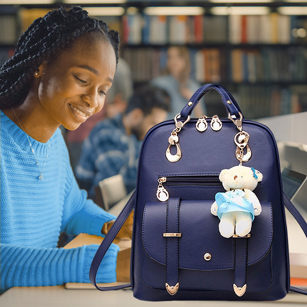 Navy Blue Backpack with Teddy Bear Charm, Student, Navy Blue