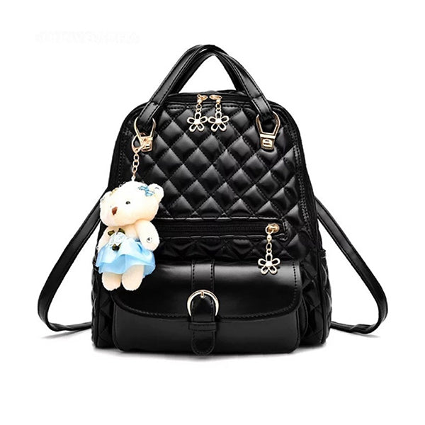Stylish Plush Backpack with Teddy Bear Charm, Main, Black