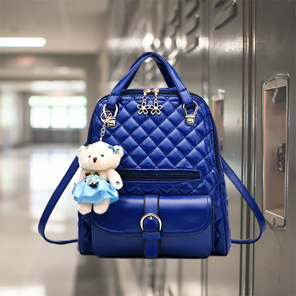 Stylish Plush Backpack with Teddy Bear Charm, Alt View, Blue