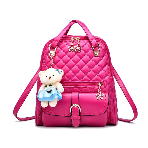 Stylish Plush Backpack with Teddy Bear Charm, Main, Hot Pink